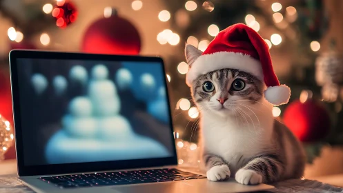Striped kitten in Santa hat beside laptop on desk.