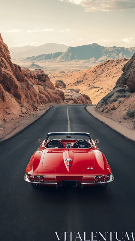 Red classic convertible cruises through wide desert canyon.