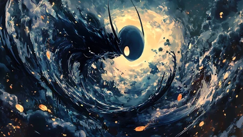 Voidborne wraith ascending through luminous cosmic maelstrom.