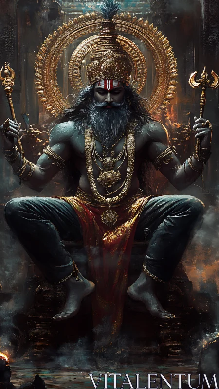 Storm crowned deity seated in molten gold-lit temple hush.