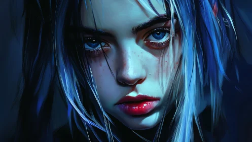 Digital close-up portrait of blue-haired person in shadow.