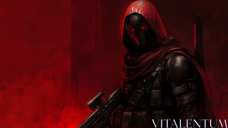 Hooded sci fi assassin stands in a blood red battlefield mist