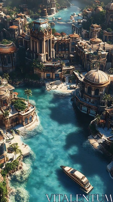 Sunlit canal city welcomes a serene luxury yacht arrival