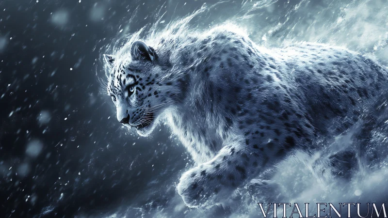 Snow Leopard Descending Mountain in Blizzard