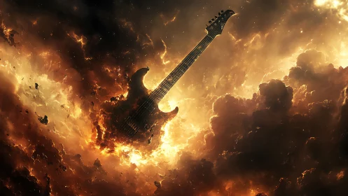 Electric guitar floats amid fiery cosmic storm clouds