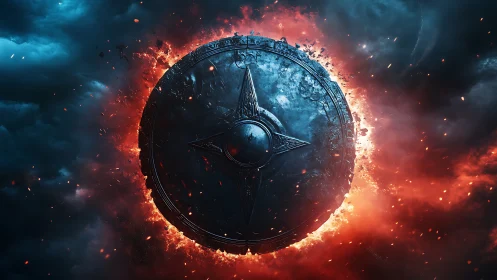 Circular metallic shield rotates within opposing fire and smoke