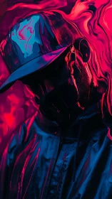 Hooded figure in cap lit by neon pink and blue lighting