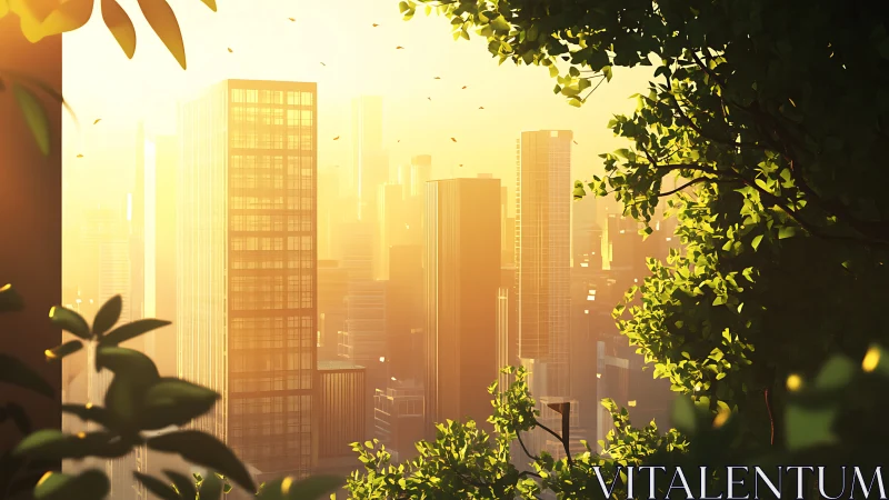 Sunlit city skyline framed by dense green foliage at dawn.