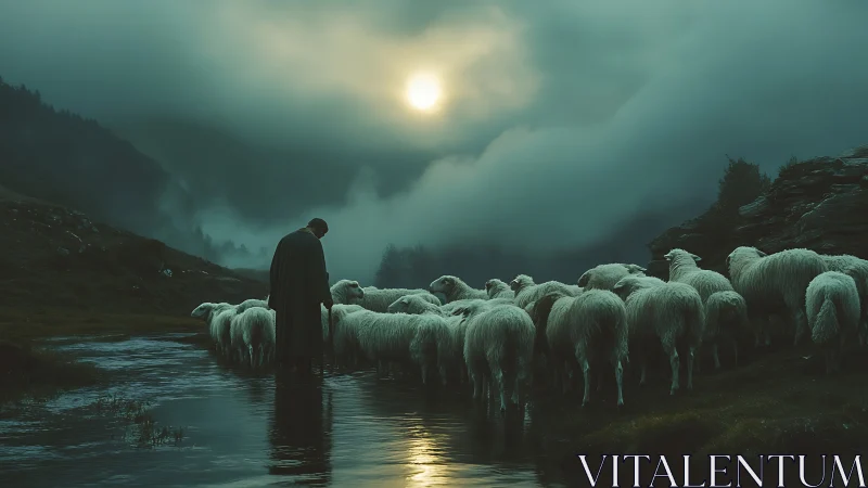 Shepherd guides flock through misted mountain stream at dusk.