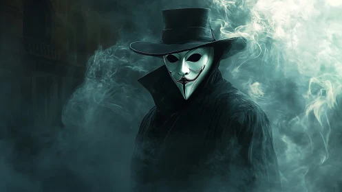 Shadowed maskwalker in emerald fog waits between worlds.