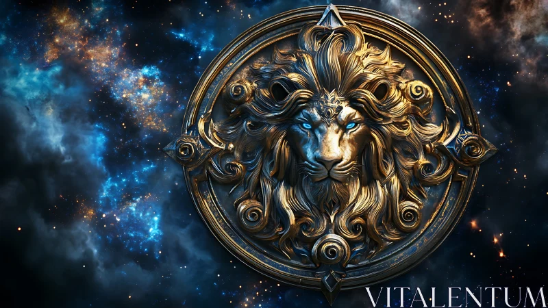 Celestial lion emblem with glowing eyes in cosmic void.