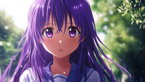 Purple haired anime girl stands in glowing forest light