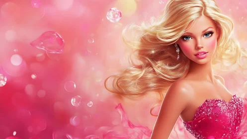 Blonde doll portrait glows against luminous pink bokeh field