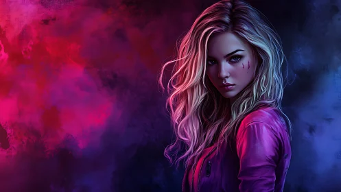 Neon-lit rebel girl standing strong in glowing urban night.