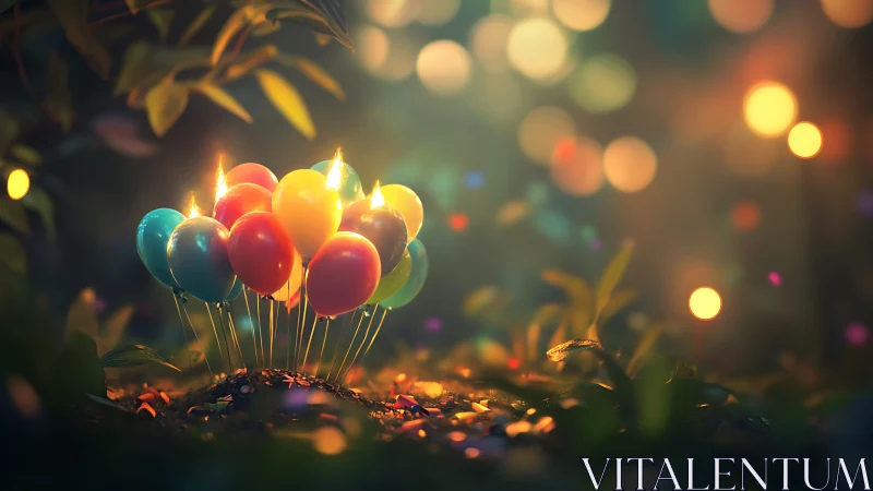 Glowing Balloons in Enchanted Garden with Golden Bokeh
