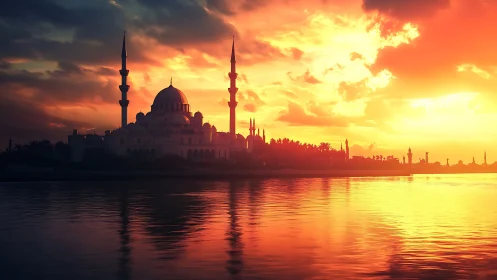 Digital sunset mosque silhouette with reflective water symmetry.