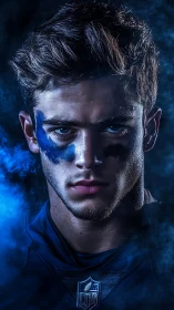 Close portrait of male athlete with blue face paint.