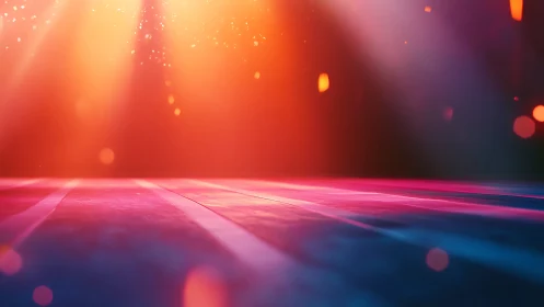 Volumetric stage lighting across chromatic floor plane.