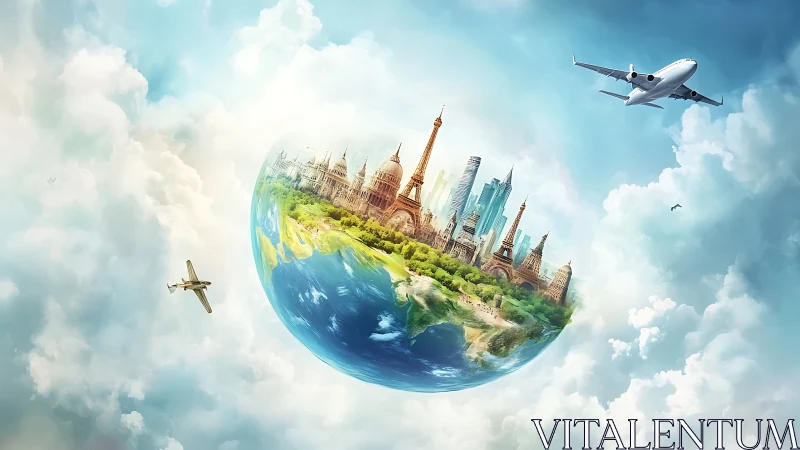 Global travel sphere with iconic city skylines in clouds.