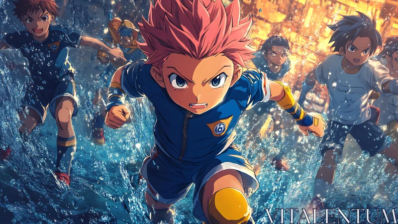 Dynamic anime football sprint through cinematic water field.