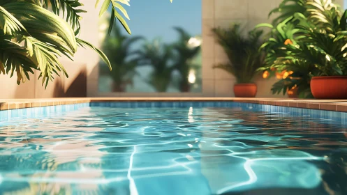 Rendered pool surface reflects sunlight near potted plants