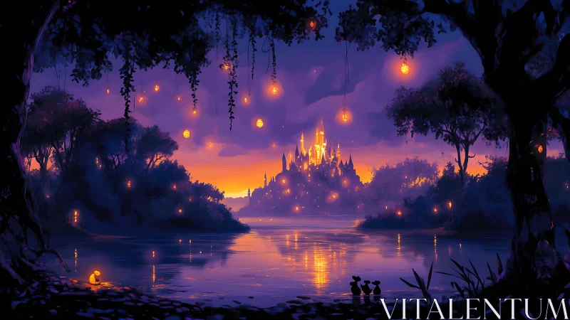 Enchanted lakeside kingdom glows beneath twilight sky.