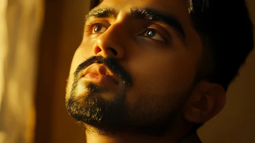 Golden hour portrait isolates contemplative upward gaze in profile