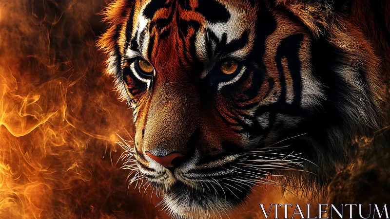 Photorealistic tiger portrait with infernal flame surround.