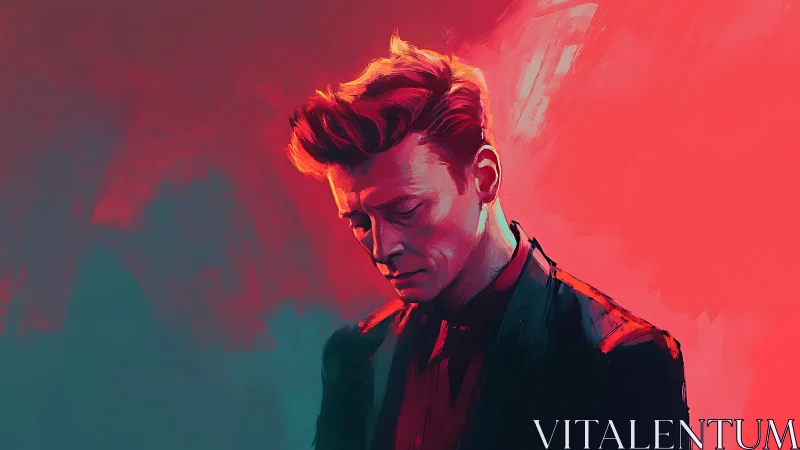 Melancholic male portrait in neon red teal duotone light.