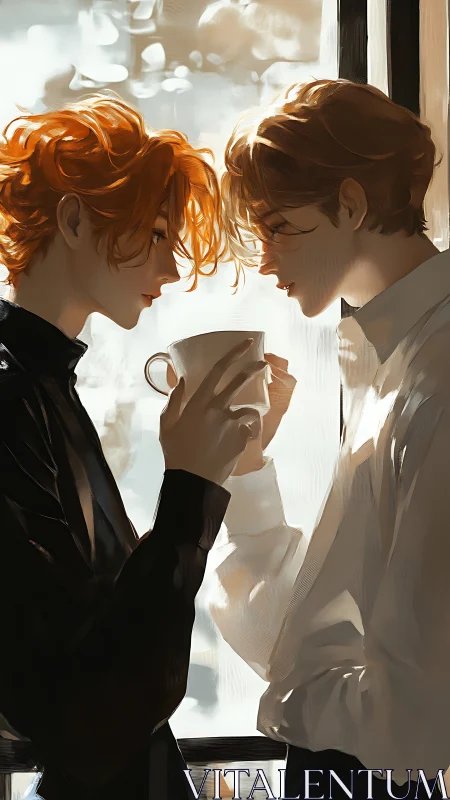 Two young figures sharing coffee near bright window. Period.