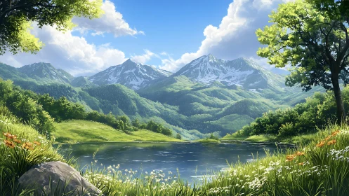 Luminous alpine basin with snow-capped ridges and reflective pond.