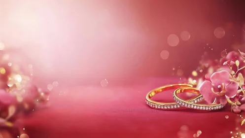 Golden wedding rings rest on soft pink floral velvet.
