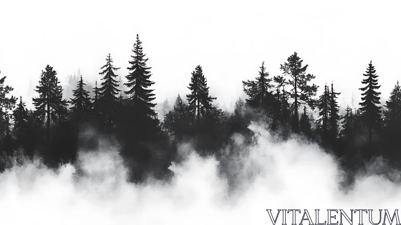 Monochrome conifer forest silhouettes in drifting valley fog.
