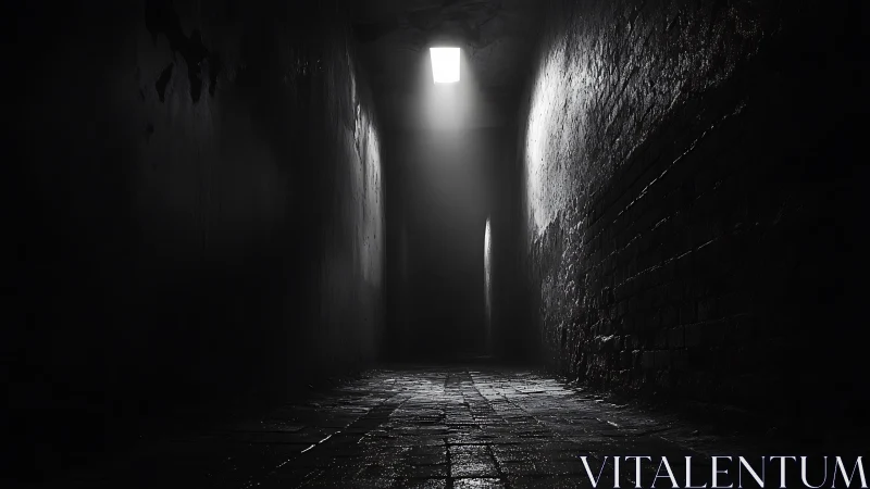 Soft light gently pierces a quiet, shadowy brick tunnel