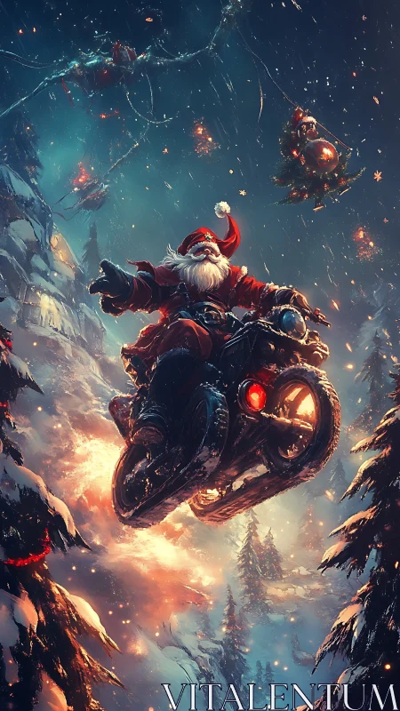 High-speed Santa on flying motorcycle over snowy conifer valley