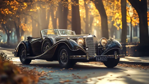 Photorealistic autumn streetscape with vintage roadster profile.