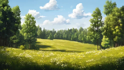 Sunlit wildflower meadow bordered by mixed deciduous forest