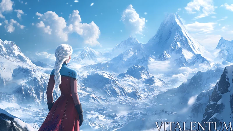 Snowbound heroine gazes toward crystalline mountain kingdom.