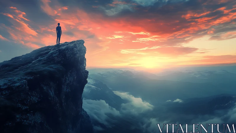 Solitary figure contemplates a luminous mountain sunrise.