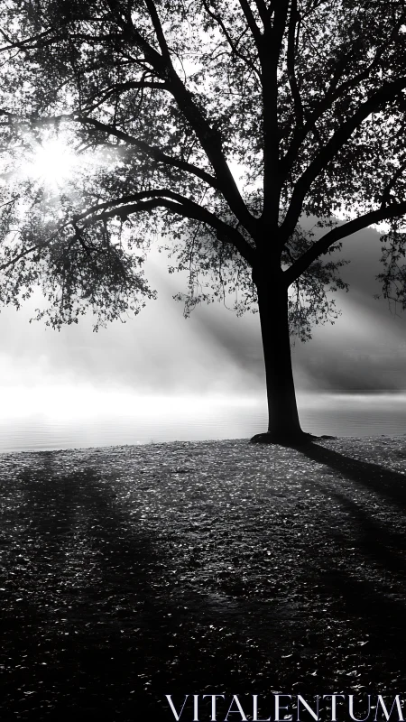 Backlit arboreal silhouette with axial sunbeams over misted water.