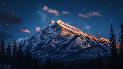 Snowy mountain under stars with warm sunset light.