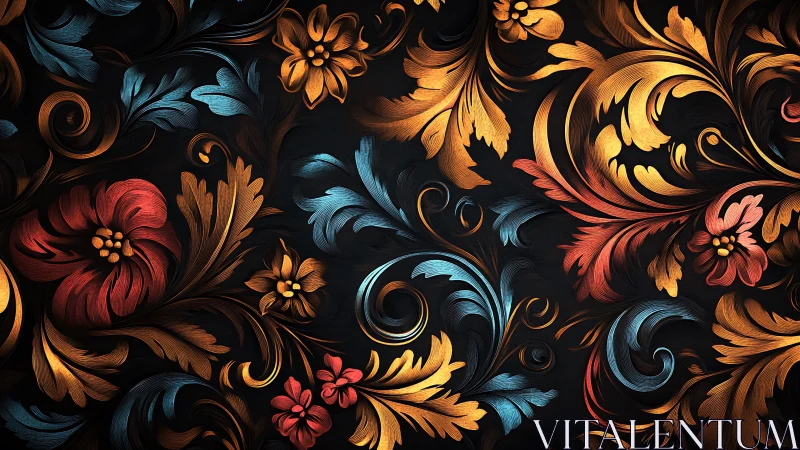 Ornate floral scrollwork glows against a deep noir backdrop