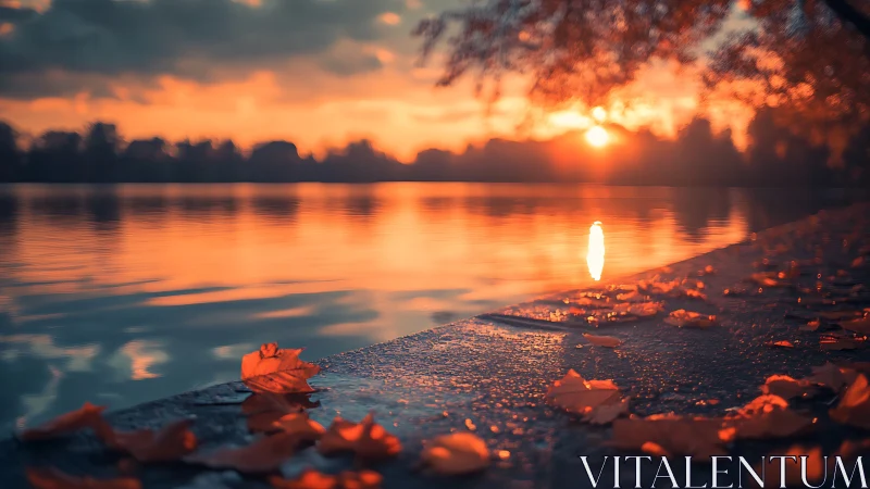Golden autumn sunset settles gently over a quiet lakeshore