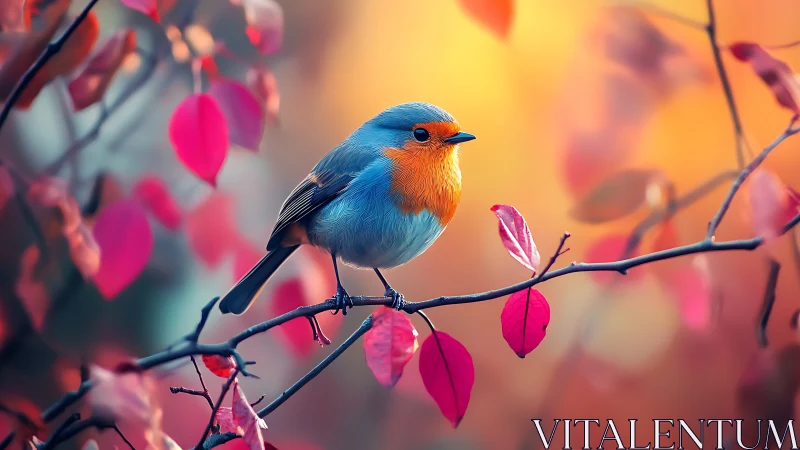 Vibrant Robin on Branch in Autumnal Colors, Soft Focus Nature Art.