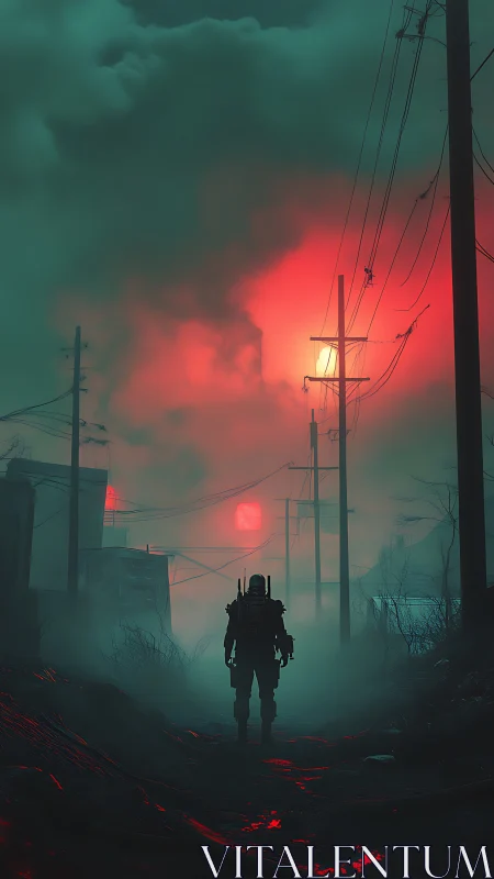 Solitary armored figure in foggy red lit industrial street.