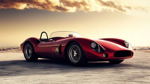 Scarlet vintage roadster under cinematic sunset sky.