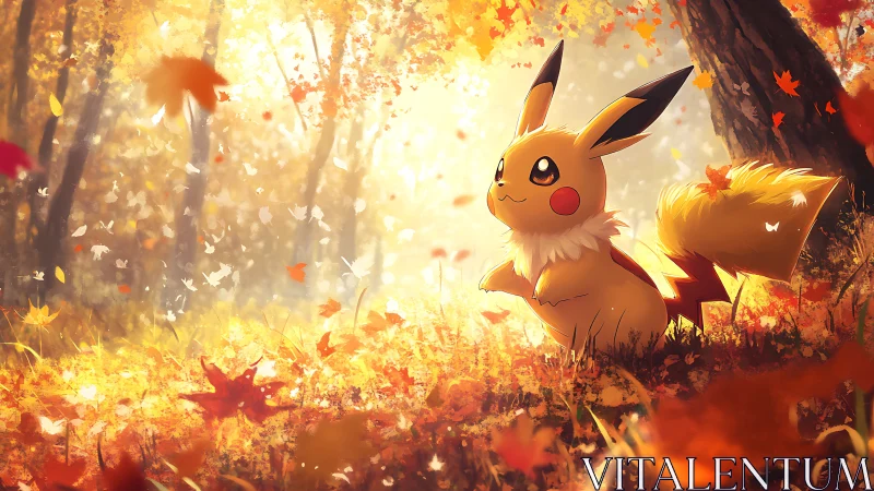 Autumn forest luminance with electric creature in leaf cascade.