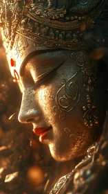 Side profile shows metallic deity sculpture in warm light
