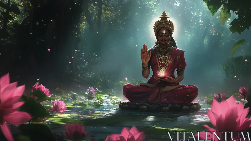 Goddess meditates on lotus pool amid radiant forest light.