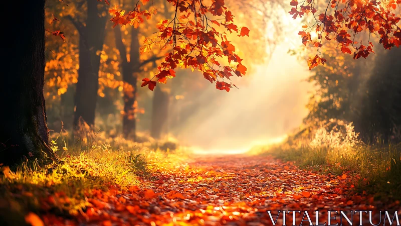 Autumn forest path with sunlight filtering through foliage.
